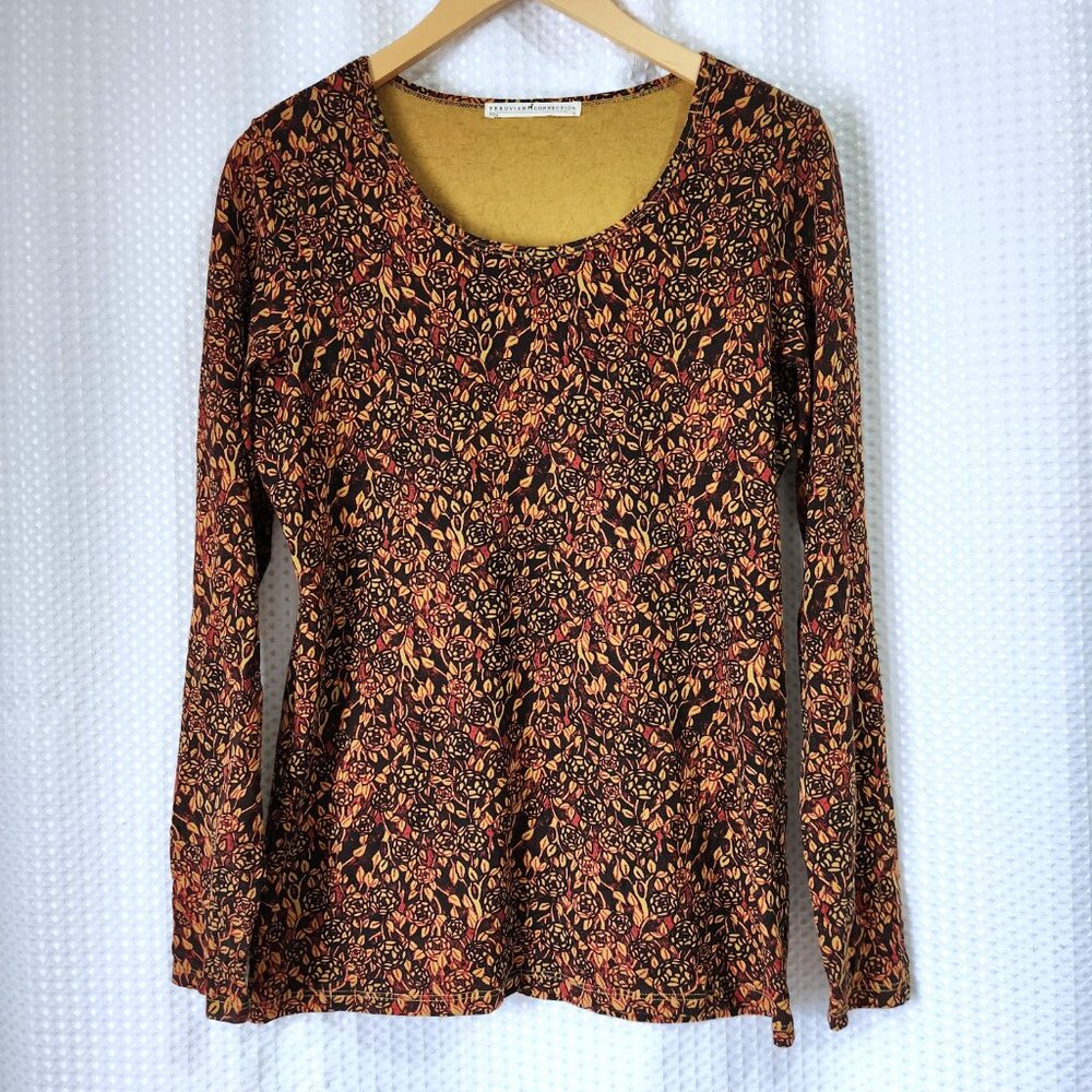 Peruvian Connection Floral Art Print Scoop Neck Long Sleeve Top Women’s Medium